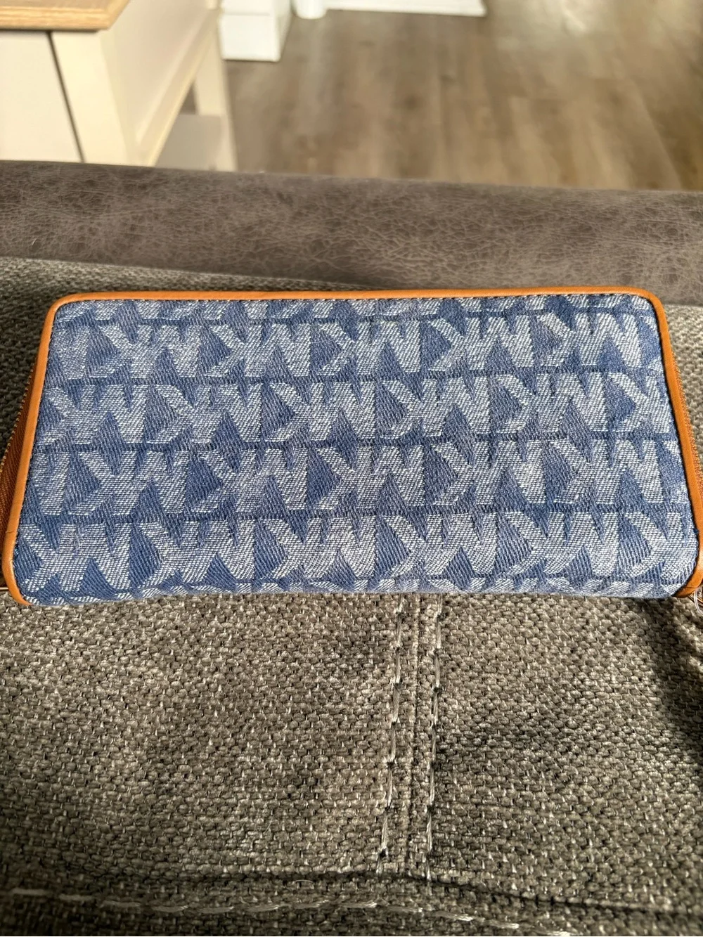 Michael Kors Blue Jean Signature Wristlet with Tan Trim and Gold Plate